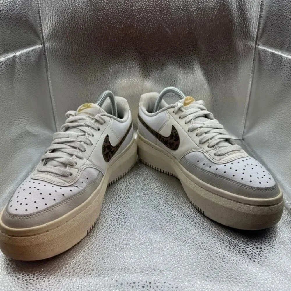 Size 9.5 - Nike Court Vision Alta Womens White Leopard Platform Shoes DO2791-100
